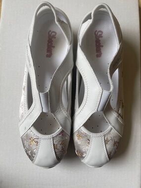 Skechers White Slip-On Flats with Pink and Gold Floral Accents